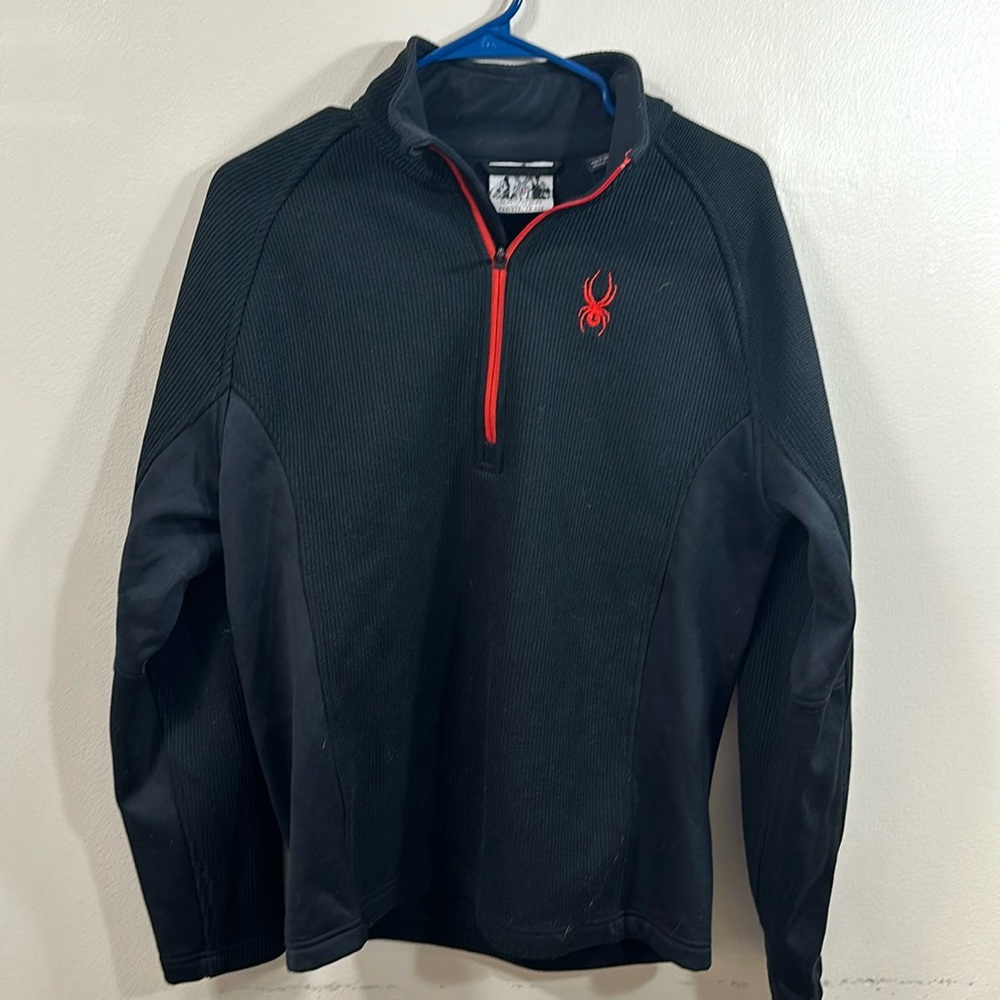 Spyder Quarter Zip Pullover Ski Sweater Black & Red Trim Ski Jacket size Medium